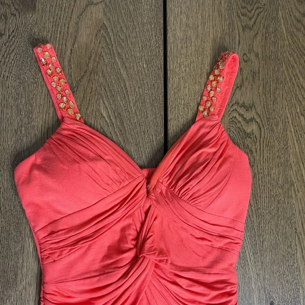 Coral V- Neckline Scrunch Sexy Dress w/Rhinestones Flattering Stretch Size S - Picture 6 of 8